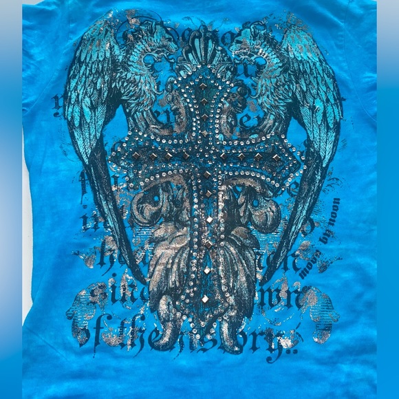 Swarovski Crystal Embellished Cross T Shirt For Women, Blue Short Sleeve Shirt - Picture 12 of 16